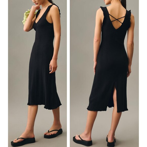 Anthropologie Daily Practice Ribbed Sweater Midi Dress Black XXS - Picture 1 of 11